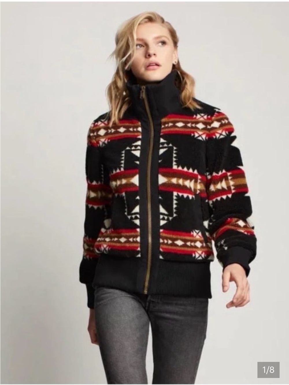 Pendleton Black Fleece Bomber Jacket with Red, Cream Native Pattern